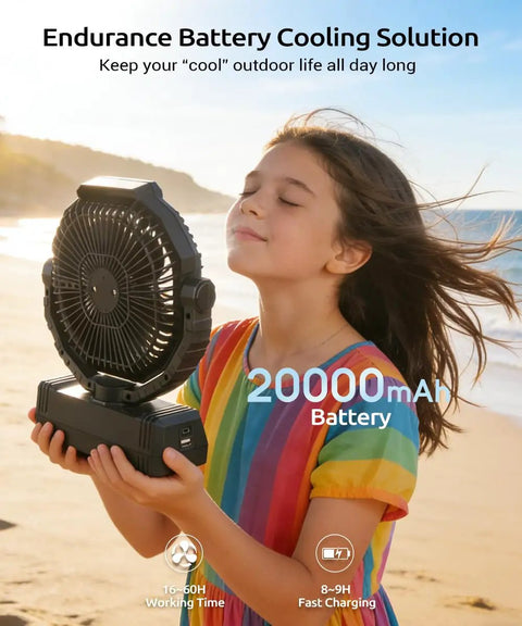 Girl holding Portable Camping Fan With Lights And 20000mAh Rechargeable Battery at the beach.