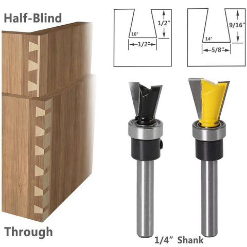 Two Pack Dovetail Router Bits 1 Quarter Inch Shank With Bearing For Woodworking Cutter Set Pro Grade Durable Hard Alloy For Smooth Clean Dovetails And Precise Joinery Perfect For Cabinetry And Drawer Projects