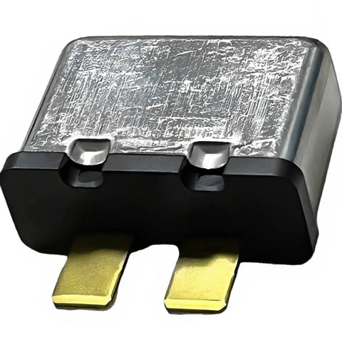 Close-up front view of 30A Thermal Fuse Relay-Style Plug-In Automotive Fuse Replacement For OE 443937105A showing metallic housing and pins.
