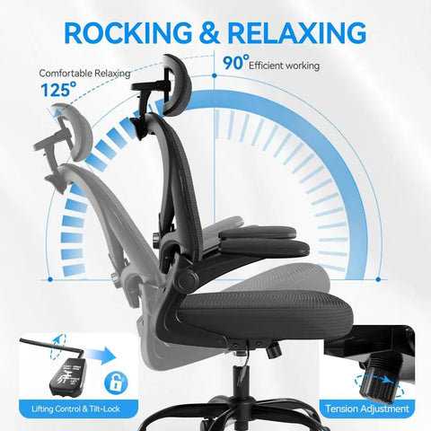Ergonomic Office Chair With 3D Headrest And Mesh Back All Day Comfort Adjustable Lumbar Support Flip Up Armrests 350 Lb Capacity