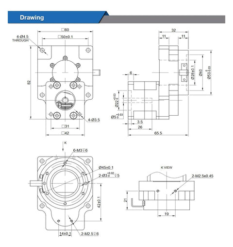 Technical drawing of 60mm Hollow Rotary Actuator With Hollow Rotating Platform 3 Arc Minutes Precision For Robotics And Automation Industrial Motor