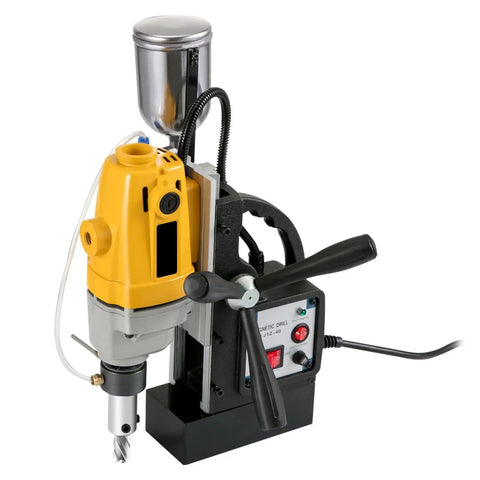 Powerful 1100w Electromagnetic Mag Drill Press Machine For Heavy Duty Metal Drilling with cooling pot and controls.