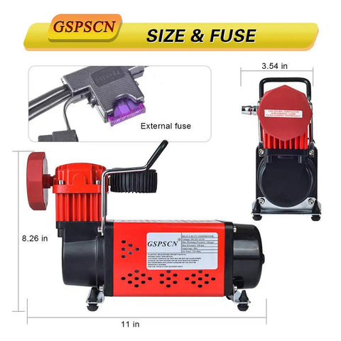 Heavy Duty 12V Car Air Compressor Pump Delivers A Blazing 150 PSI Blast and a compact size of 11 x 8.26 inches for easy transport.