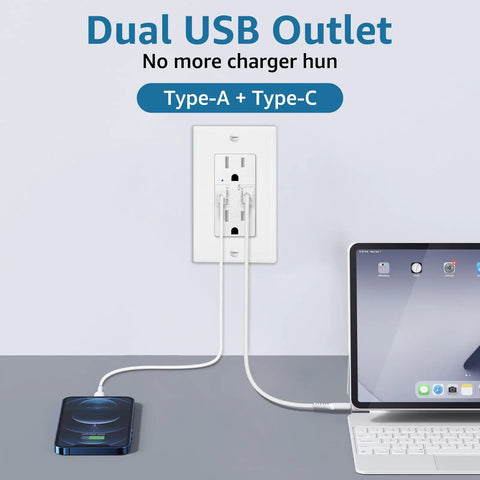 Drop The Bulky Chargers With This Heavy Duty 50 Pack USB Outlet Offering Type A Plus C Ports, 15 Amp Tamper Resistant Build, Complete Wall Plate Included For Zero Hassle Bedroom Or Office Vibe In Clean White with devices charging.