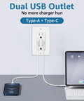 20 Pack White USB Wall Outlet With Dual Type A C Quick Charge Ports 15 Amp Tamper Resistant faceplate plugged into wall.