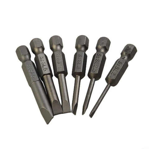 Get Your Hands On These Top Tier Precision Slotted Screwdriver Bits For Power Drills With Six Flat Head Tips From 2 To 6mm Featuring Durable Alloy Steel And Secure Hex Shank Perfect For Serious Home Repair And DIY Hustle. Six alloy steel slotted drill bits, 2 to 6mm, shown fanned out