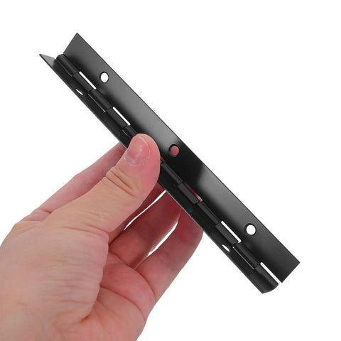 Close-up of a black hinge from a 4 Pack Stainless Steel Piano Hinges Black Continuous Hinges for furniture.
