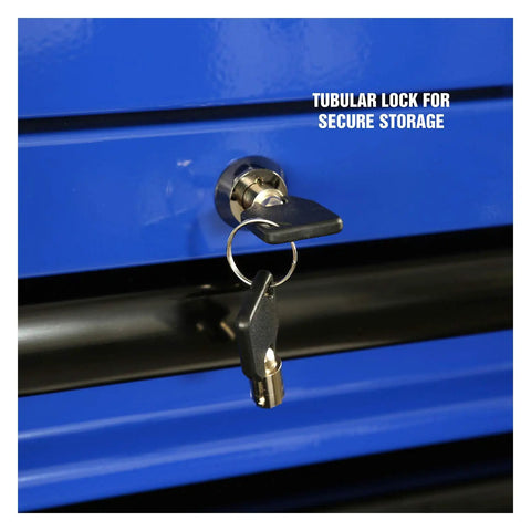 Pro Level Heavy Duty 72 Inch 15 Drawer Tool Chest With Secure Locking Front featuring tubular lock for secure storage.