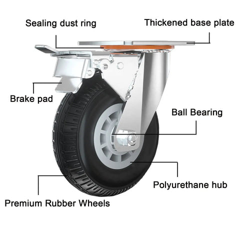 Diagram of Beefy Heavy Duty Caster Wheels Top Plate Swivel Casters With Solid Rubber Puncture Proof Wheels showing components.