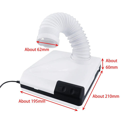 60W Dust Collector Vacuum For Dental Lab And Nail Art Manicure Workstation With 3 Way Dust Collection 360 Degree Rotating Square Tray And Built In LED Lights For Easy Cleanup And Bright Precise Illumination, showing dimensions