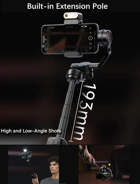 Smartphone Gimbal Stabilizer With 3 Axis Stabilization, Magnetic AI Tracker, Built-In Extension Rod for High and Low-Angle Shots