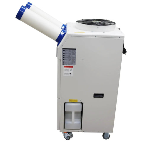 Heavy Duty Commercial Portable Air Conditioner With Massive 14L Tank Delivers Non Stop Cooling For Shops Hospitals And Outdoor Events, side view with exhaust hoses.