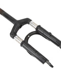 Close-up of a black hydraulic suspension fork for electric scooters, 14 inch front shock absorber with sturdy build.