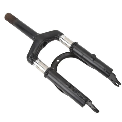 Close-up of a black hydraulic suspension fork for electric scooters, 14 inch front shock absorber with sturdy build.