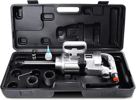 Heavy Duty One Inch Pneumatic Air Impact Wrench Packing Nineteen Hundred Foot Pounds Of Kick with accessories in a hard case.