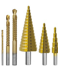 Six Piece Step Drill Bit Kit With Cool Triangle Handles For Metal And Wood, Heavy Duty HSS Hole Cutter Tool For Electric Drills And Bench Tools That Works Like A Champ. Gold HSS step drill bits set with size markings