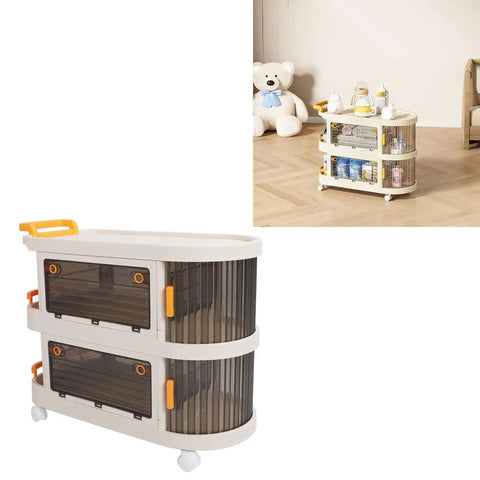 Smooth Rollin Storage Trolley With Four Tier Utility Cart And Covered Plastic Storage Bins for kitchen and home office organization.