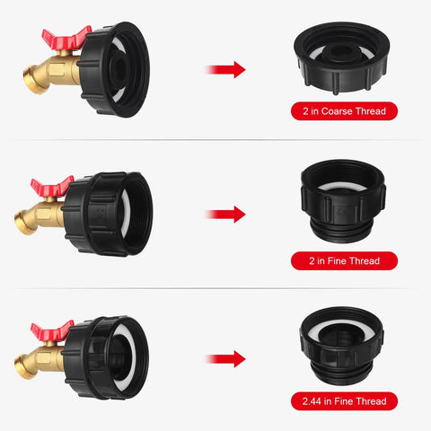 Heavy Duty IBC Tote Adapter Kit For 275 330 Gallon Drums With Three Thread Sizes 1/2 In NPT Inlet, 2 In Fine, 2 In Coarse, And 3/4 In Male GHT Brass Hose Faucet Connector With High Flow Shutoff. Black brass adapter kit showing 2 in coarse, 2 in fine, and 2.44 in fine thread fittings
