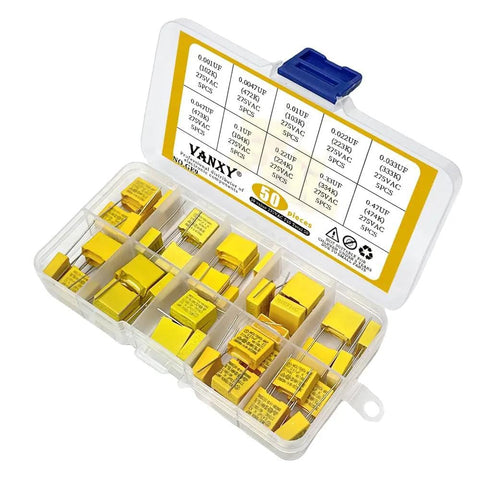 275VAC X2 MKP Safety Capacitor Kit 10 Value Pack With 50 Pieces In Yellow Plastic Case, 10mm Pitch, Polypropylene Film Capacitors