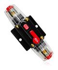 Built Tough 80 Amp Inline Circuit Breaker With Manual Reset Switch For 12V To 48V DC Car Stereo Marine Audio Systems, clear plastic body.
