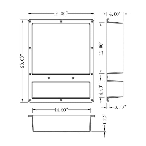 Technical diagram of Yellow Recessed Shower Niche With Double Shelves For Shampoo And Toiletries, 16 x 20 x 4 Inch ABS Plastic Organizer