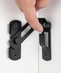 Matte Black 90 Degree Flip Barn Door Lock Latches installed on white door, showing stainless steel gate latch in use, 4 Pack