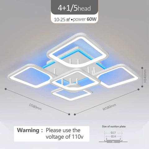 Rectangular LED Ceiling Light With Dimmable Remote 60W Front Light And 5W RGB Backlight featuring five square heads