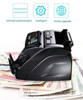 Built Like A Tank Cash Counter Machine With Dual Motor Fast Bill Tally Up To 900 Bills Per Minute Real Time Fake Detector LED screen angle showing cash feeder.