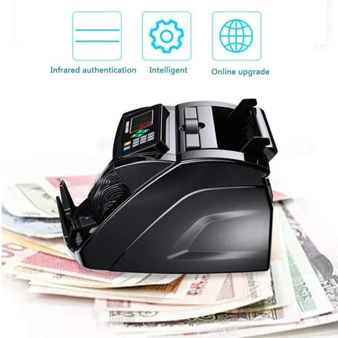 Built Like A Tank Cash Counter Machine With Dual Motor Fast Bill Tally Up To 900 Bills Per Minute Real Time Fake Detector LED screen angle showing cash feeder.