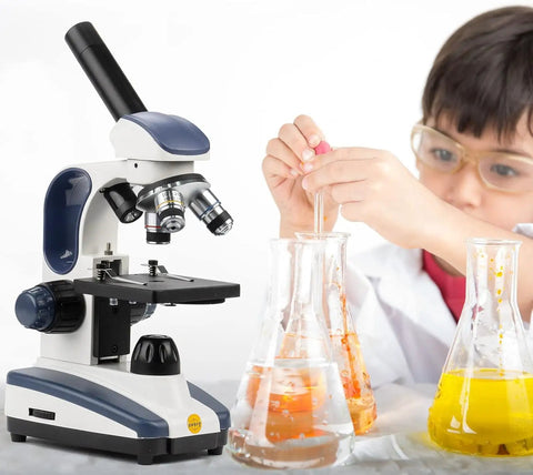 Starter Compound Monocular Microscope With 40X To 1000X Magnification Dual Illumination Fine Focus And 25X Wide Field Eyepiece Cordless Operation Kid Friendly Classroom Ready For Students Beginners Home Lab Science Projects with child conducting experiment