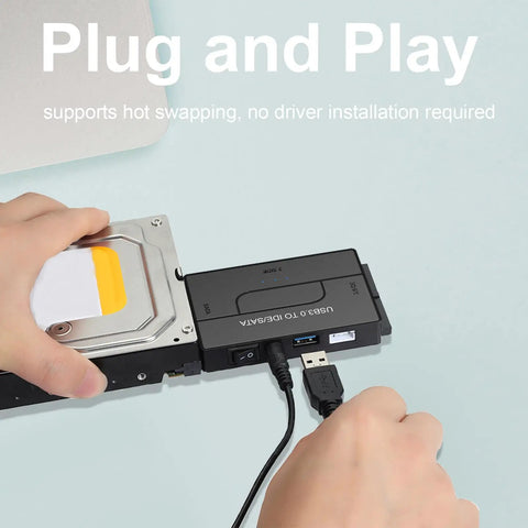 Three In One Universal SATA IDE To USB Drive Reader For 2.5 And 3.5 HDD SSD And DVD CD Optical Drives With Fast 5Gbps Data Transfer Grab And Go Backup And Recovery For Old Legacy Drives, hot-swap SATA hard drive connected to USB reader