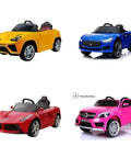 Colorful kids ride-on cars with styles like Wrangler SUV and sports cars, ideal for use with a 12V battery charger for kids ride-on cars.