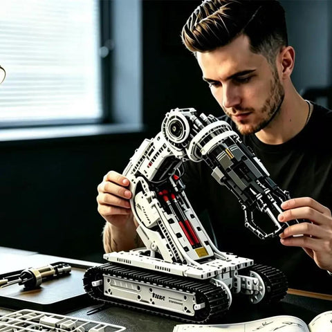 Man assembling Rad Robotic Arm Building Kit With App And Remote Control For Kids Ages 8 To 12 Technic Style Engineering Toy Coding And STEM Play Realistic Mechanical Arm For Hands On Tech Learning on track base