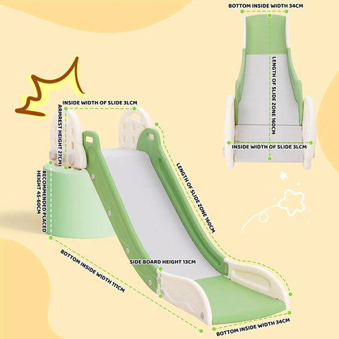 Built Tough Toddler Couch Slide For Bedroom And Family Room Safe Hdpe Indoor Play Ramp with dimensions and design details in green and white.