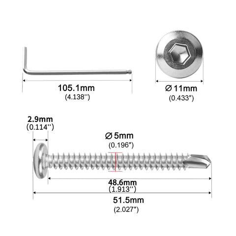 Top Shelf Boss Level Flat Head Hex Socket Sheet Metal Screws 100 Piece Set M4 Self Tapping Rugged Stainless Steel Hardware Kit With Allen Wrench dimensions and measurements.