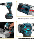 Heavy Duty Cordless Rivet Nut Gun With 5200mAh Dual Batteries For Lickety Fast Pop Rivet Insertion Tools M3 M4 M5 M6 M8 M10 M12 Compatible No Sweat Operation And Automatic Crimping Badass Build showing hand holding the tool, highlighting high and low gear settings.