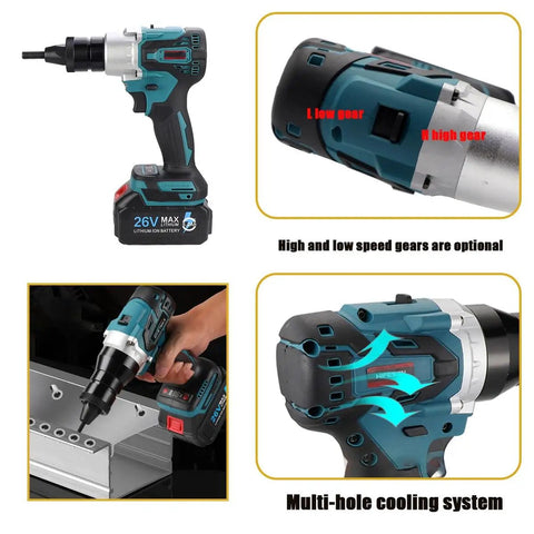 Heavy Duty Cordless Rivet Nut Gun With 5200mAh Dual Batteries For Lickety Fast Pop Rivet Insertion Tools M3 M4 M5 M6 M8 M10 M12 Compatible No Sweat Operation And Automatic Crimping Badass Build showing hand holding the tool, highlighting high and low gear settings.