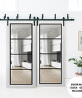 Easy Glide Sliding Closet Doors Set With Clear Glass Barn Door Style Bypass Panels Heavy Duty 8 Ft Rails Hardware Included 2 Doors 84 By 96 Inches 2 Panels Of 42 By 96 Top Mount System With Floor Guides Modern Bedroom Wardrobe in white bedroom