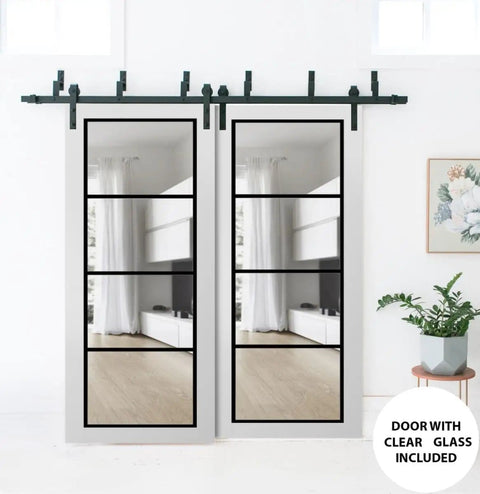 Easy Glide Sliding Closet Doors Set With Clear Glass Barn Door Style Bypass Panels Heavy Duty 8 Ft Rails Hardware Included 2 Doors 84 By 96 Inches 2 Panels Of 42 By 96 Top Mount System With Floor Guides Modern Bedroom Wardrobe in white bedroom