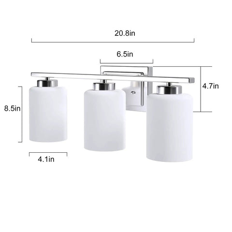 Over Mirror Bath Vanity Light Three Light Fixture With E26 Sconces In Brushed Nickel Finish And White Frosted Glass Shade