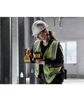 3 X 360 Degree Laser Level Kit With Fine Adjustment, 20V/12V MAX Power, Green Beam, Class II, 10 Hour Run Time On 20V Max Battery, Bright Yellow Case For Precise Plumb And Level Lines In DIY And Pro Projects. Worker using 3 X 360 Degree Laser Level Kit With Fine Adjustment, 20V/12V MAX Power, Green Beam, Class II, 10 Hour Run Time On 20V Max Battery, Bright Yellow Case For Precise Plumb And Level Lines In DIY And Pro Projects on wall framing