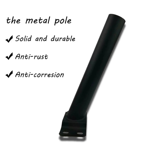 Black metal pole with anti-rust and anti-corrosion features, part of the Sturdy Outdoor Pole Mounting Arm For Solar Lighting And Street Light Fixtures.