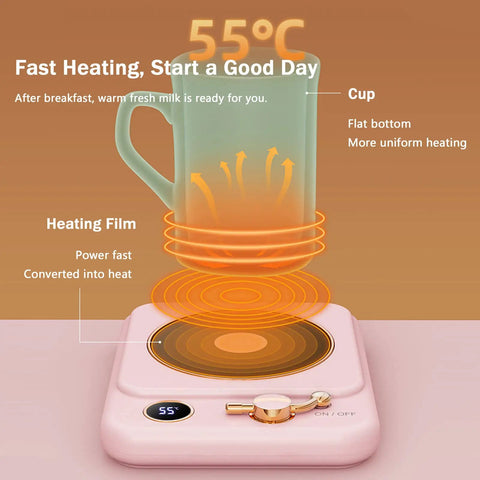 Smart Electric Mug Warmer With Three Heat Modes And Automatic Shutoff keeps drinks at 55°C, featuring flat cup bottom for uniform heating.