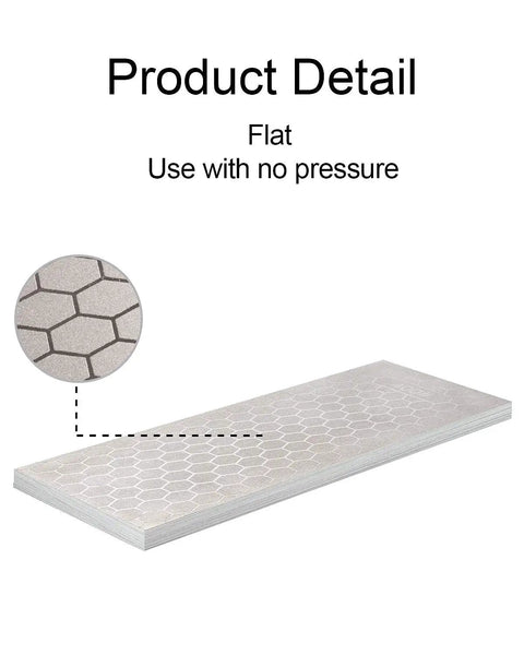 Close-up of the Diamond Sharpening Stone Two Sided Grit 400 1000 Diamond Plate Honing Stone 8 Inch surface texture and edge.