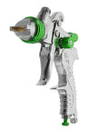 Pro Level Gravity Feed Hvlp Paint Spray Gun With 600 Ml Cup And Quick Swap Nozzles showing chrome body and green accents.