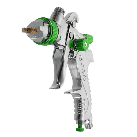 Pro Level Gravity Feed Hvlp Paint Spray Gun With 600 Ml Cup And Quick Swap Nozzles showing chrome body and green accents.