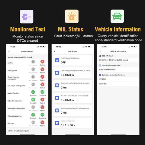 OBD2 Bluetooth Diagnostic Scanner for iPhone and Android Real Time Vehicle Health Check Clear Error Codes app screens