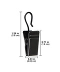Close-up of Stainless Steel Curtain Clips Set 50 Pieces Heavy Duty All Purpose Bulldog Clip Hooks with dimensions.