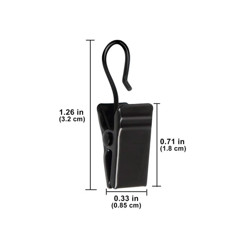 Close-up of Stainless Steel Curtain Clips Set 50 Pieces Heavy Duty All Purpose Bulldog Clip Hooks with dimensions.
