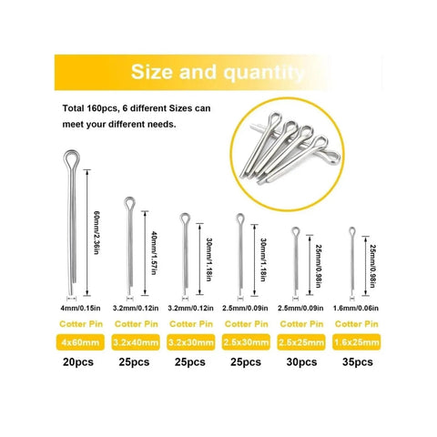 Pro Grade Heavy Duty Cotter Pins Split Pin Kit 2 3 4 Size Set 480 Pcs Total R Clip Hairpin Style Fasteners displayed in various sizes